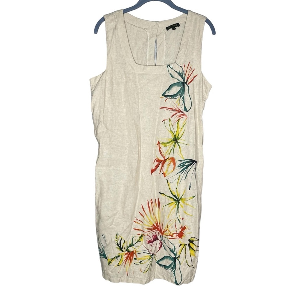 For Cynthia Dress floral linen beige square neck tropical women’s size medium - Picture 2 of 6